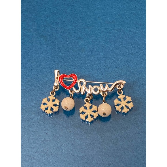 "I ❤ Snow" Bar Pin/Brooch with Charms. Holiday/Christmas/Winter. - Picture 1 of 8